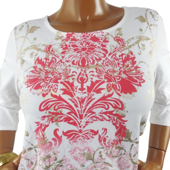 CHICO'S Top M Sz 1 Casual Shirt White/Red/Gold Stretch Cotton Blouse 3/4 Sleeves - Picture 2 of 9